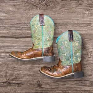 Kids Embroidered Brown and Green Boots